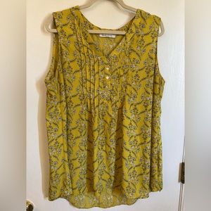 *Rose+Olive Yellow Marigold Floral V-Neck Pleated Front Sleeveless Blouse #O